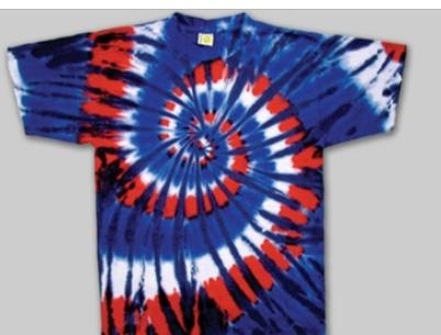 red blue and white tie dye shirt